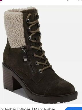 Marc Fisher 7 Women's Faux-Shearling Lace-Up Ankle Boots - Olive